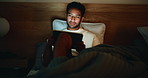 Night, house and man with tablet, reading and search for daily news, internet and blue light exposure. Doom scrolling, tech and person in bedroom, ebook and insomnia with app for social media update