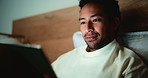 Night, relax and man with tablet, reading and internet with social media, blue light exposure and app. Bedroom, tech and person with ebook, home and research for news report, network or online column