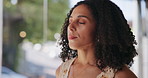 African woman, breath and meditation at house for zen, spiritual healing and wellness goals. Female person, bokeh or inhale exercise for inner peace, holistic balance and mindfulness practice in home