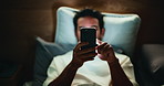 Scroll, night and hands with phone in bedroom for insomnia, typing text and social media for relax. Home, bed and sleepless man with mobile in evening for message, search and internet addiction