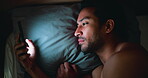 Night, man and scroll in bed with phone for social media, entertainment and online communication. Late, comfortable person or browsing in apartment with tech for mobile app, text message or internet.