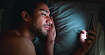 Night, tired man and scroll in bed with phone for social media, entertainment and online communication. Late, exhausted person and browse in home with tech for mobile app, text message and internet.