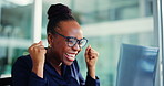 Happy, black woman and laptop with fist pump in celebration for winning or good news in office. Excited, female person or employee with smile on computer for bonus or company promotion in workplace