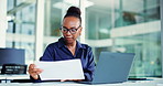 Laptop, paperwork and black woman with feedback for finance review, typing or analytics. Office, tech and business person with agenda, graph or report for financial planning, audit or project budget