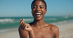 Woman, laughing and finger heart at beach, happiness and break on summer vacation, relax or carefree. Outdoor, traveler and black person with  for celebration, fun and excited on holiday in Zanzibar