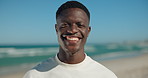 Face, beach and black man with vacation, smile and confidence with weekend getaway. Happiness, travel and African person with summer holiday, tourism and tropical island with break, relax and peace