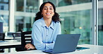 Glasses, laptop and face with business woman in office for account closer, pride and happy. About us, portfolio manager and confidence with person in agency for financial report, email and smile