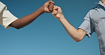 Blue sky, hands and men with fist bump, thank you and teamwork with unity, gratitude and appreciation. Closeup, friends and people with gesture, nature and success with trust, greeting and commitment