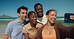 Selfie, happy and friends by beach with smile for vacation, holiday and weekend together. Summer, travel and people with photo by ocean, sea and outdoor for bonding, relax and memory for social media