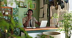 Thinking, man and serious with laptop, flower shop and planning for orders and sustainable business. Entrepreneur, reflection and black person with technology for ecommerce or idea for plant delivery
