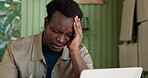 Startup, headache and man with laptop, fatigue and sad for financial loss, stress and mental health. Entrepreneur, burnout and black person with tech for sustainable business, reflection and anxiety