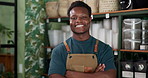 Smile, black man and face of botanist in nursery with confidence for eco friendly career. Happy, laugh and portrait of African male environmental consultant by greenery for botany in garden center.