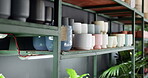 Empty, sustainable business and plant pots in flower shop, ecology and eco friendly stock for store. Agriculture, sale and production for startup, indoor garden and healthy vegetation and nursery
