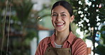 Face, happiness and woman in nursery with pride, about us or owner of plant store. Smile, space and botanical shop founder with confidence, florist experience and career in greenhouse business.