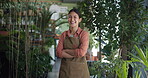 Face, laugh and woman in nursery with arms crossed, about us or owner of plant store. Happiness, pride and botanical shop founder with confidence, florist experience and career in greenhouse business