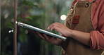 Tablet, hands and woman in nursery with greenery for research, ecommerce order or ecology inventory. Technology, botany and female florist with online information on leaf growth tips in garden center