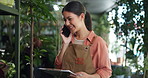 Phone call, greenery and woman in nursery with communication for ecommerce confirmation. Cellphone, clipboard and female botanist on mobile discussion for ecology retail sales in garden center.