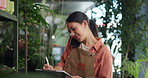 Phone call, greenery and woman in nursery with contact for ecommerce order confirmation. Cellphone, clipboard and female botanist on mobile discussion for retail sales on plants in garden center.