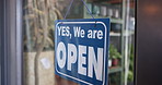 Open sign, florist and store window for plants, welcome and sustainability at small business. Shop, front door and poster on glass for gardening supplier, startup or product at eco friendly company