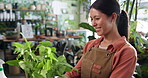 Florist, woman and happy with plant in store for growth progress, monitoring and maintenance. Sustainable startup, person and leaves inspection in nursery for healthy development and quality check