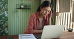 Woman, florist and headache with laptop for startup stress, order overload and entrepreneur burnout. Female person, migraine and pc with online glitch, customer inquiry and floral inventory mistake