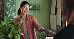 Woman, machine and credit card at plant shop for payment, easy transaction and discount deal. Sustainable small business, happy cashier and customer with digital scan for contactless sale or purchase