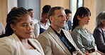 Conference room, listening and business people at seminar for corporate training, education or learning. Smile, knowledge or audience at workshop for productivity info, attention or staff development