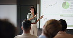 Business woman, graphs and presentation for education in seminar room with audience. Training, forum speech and statistics with corporate growth for public speaking, strategy and convention for crowd