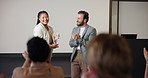 Business people, applause and award at seminar ceremony, celebration and excited. Clap, employee recognition and giving trophy for achievement, congratulations or success with conference audience