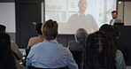 Video conference, audience or presenter with projector for trade show, teaching or lecture for staff development. Tech screen, employees or people listen to speech for webinar, education or mentoring