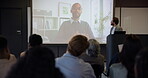 Video conference, audience or presenter with projector for workshop, teaching and lecture for staff development. Tech screen, employees and people listen to speech for webinar, education or mentoring