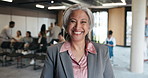 Happy, face and mature businesswoman in office with confidence for finance career development. Smile, corporate company and portrait of female financial manager with pride for team in workplace.