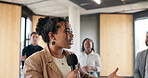 Advice, business and microphone with motivational speaker woman in office for life coaching. Crowd, growth and speech with person in workplace for career support, employee development or pep talk
