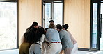 Business people, stack hands and celebration for success, synergy or applause for achievement. Clap, happy team and cheering for motivation, collaboration or goal with community mission in office