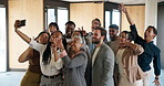 Selfie, happy and business people in office with bonding, support and unity at legal meeting together. Memory, peace sign and group of law attorneys with photography picture for teamwork in workplace