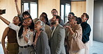 Selfie, goofy and business people in office with bonding, support and unity at legal meeting together. Memory, silly and group of law attorneys with photography picture for teamwork in workplace.