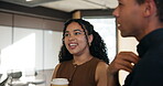 Business, conference and people on coffee break with conversation, networking and discussion at workshop. Connection, laugh and employees at seminar, opportunity and social chat on refreshment rest.