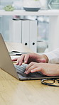 Business, hands typing and laptop in company for article, news report or fact check with research. Keyboard, journalist or person with computer for story review, publication or editing draft at desk