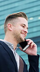Phone call, laughing and business man in city for real estate agent, communication and morning commute. Connection realtor advisor and property negotiation with person outdoor for travel and joke