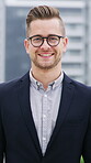 City, smile and face of business man outdoor as real estate agent, professional and about us. Pride, property developer and advisor with portrait of person for urban realtor, happy and confidence