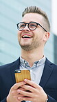 Phone, smile and business man in city for real estate agent, communication and morning commute. Connection, realtor advisor and property negotiation with person outdoor for travel, happy and chat