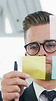 Planning, business man and sticky note for strategy, decision or financial agenda in office. Glass wall, problem solving and investor brainstorming with paper for investment idea, schedule or scrum