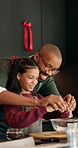 Christmas, father or child in kitchen with baking, egg crack or bonding together in holiday season. Festive, love or family in house with learning, support or dessert preparation in cooking tradition
