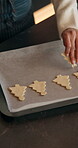 Hands, woman and baking at house for Christmas holiday, dough preparation and xmas cookies. Closeup, person and tray with pastry for festive shapes, homemade sweet treats and celebration with dessert