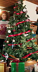 Christmas tree, decoration and tradition with family in home living room for bonding or celebration. Festive, ornaments or trimmings with mother, father and child in apartment together for holidays
