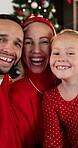 Christmas, face of parents and child in home for festive season, celebration and bonding together. Happy family, people or kid with laughing in house for holiday tradition, support or xmas with bokeh