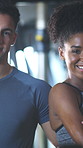 Happy, fitness and face of friends in gym for workout team, coaching and challenge. Personal trainer, training partner and sports athlete with man and woman in health club for support and about us