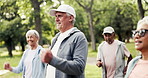 Fitness, nature and group of senior people in park with workout, health or wellness training. Sports, walking and elderly friends in retirement with cardio exercise outdoor in garden with teamwork.