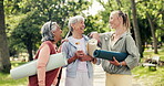 Laugh, yoga or old people in park with instructor, wellness or connection in workout together. Fitness, conversation or coach in nature with mats, exercise support or bonding in retirement activity.