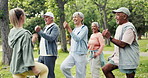 Fitness, nature and instructor with senior people in park with workout, health or wellness training. Sports, walking and elderly friends in retirement with cardio exercise outdoor with coach.